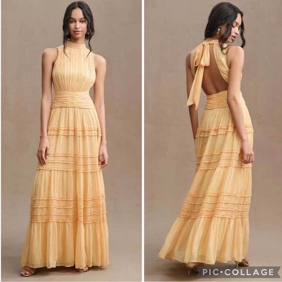 BHLDN Dresses & Skirts - BHLDN Juniper Metallic Tiered Backless High Neck Gown Size 2